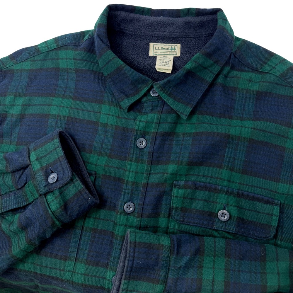 LL Bean Fleece Lined Flannel Shirt Jacket Mens XXL Green Navy Black Watch Plaid